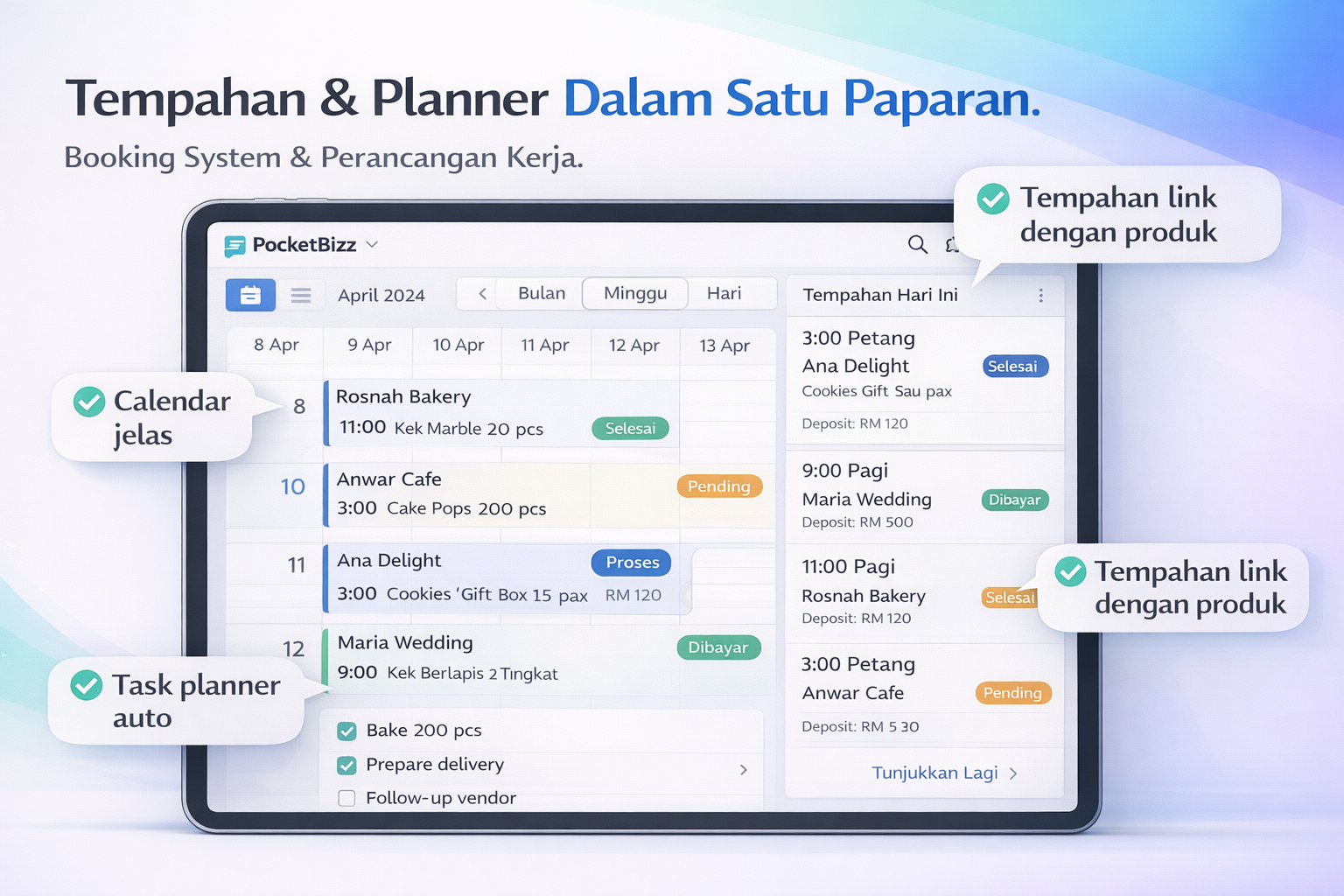 PocketBizz Booking & Planner - Sistem tempahan yang link terus dengan produk, invois dan resit dijana automatik, dan planner untuk tugasan dan peringatan. Operasi bisnes lengkap dalam satu sistem.
