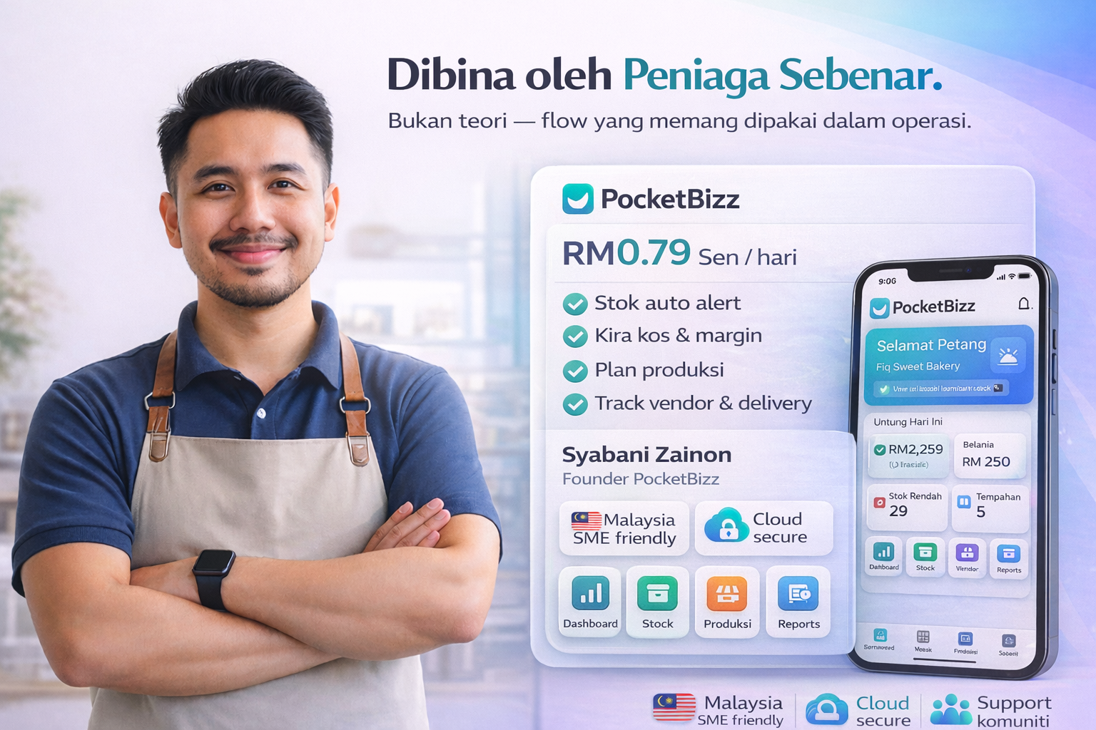 Founder PocketBizz - Dibina oleh peniaga sebenar. Sistem yang saya sendiri guna setiap hari dalam bisnes saya. Bukan teori dari buku, tapi flow yang memang saya pakai setiap hari dalam operasi sebenar.
