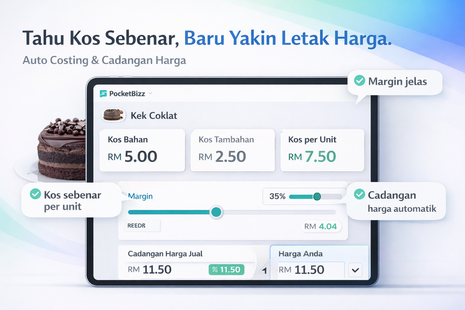 PocketBizz Cost Calculation - Kira kos produk secara automatik berdasarkan resepi, cadangan harga jualan, dan margin untung. Auto cost calculation yang tepat dan mudah.