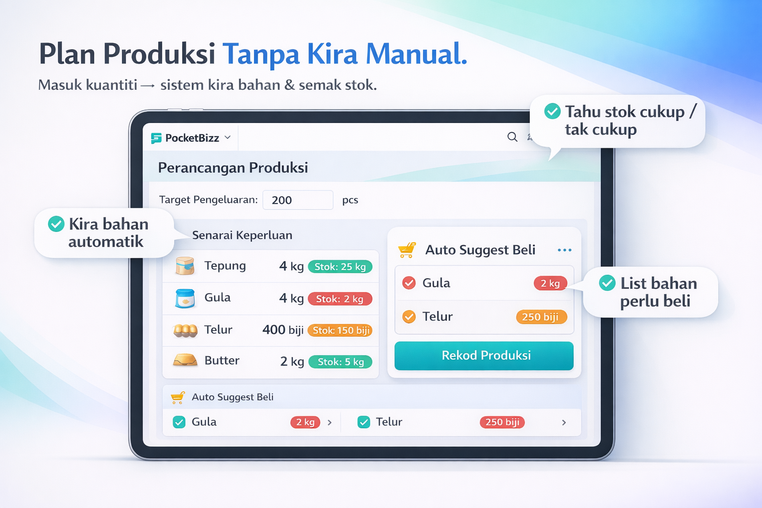 PocketBizz Production Module - Produksi automatik dengan kiraan bahan mentah, tolakan stok, dan tracking tarikh luput. Production planning yang pantas dan tersusun.
