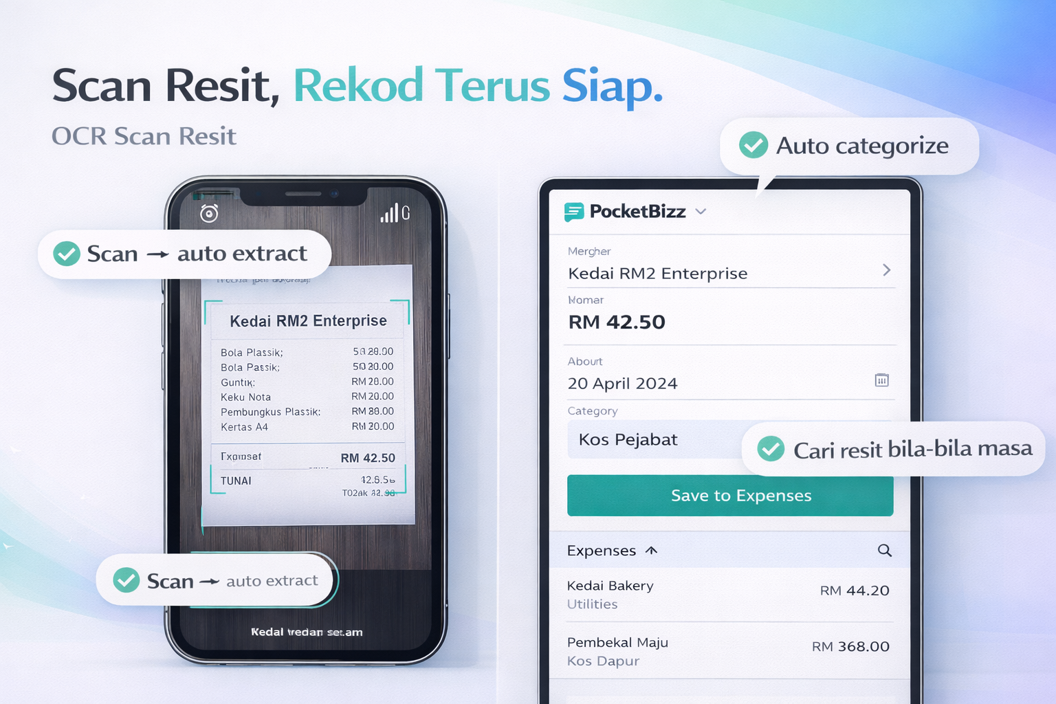 PocketBizz OCR Scanner - Scan resit dengan teknologi OCR, auto-detect nama kedai, jumlah perbelanjaan, tarikh transaksi, dan auto suggest kategori. Rekod perbelanjaan automatik dan pantas.