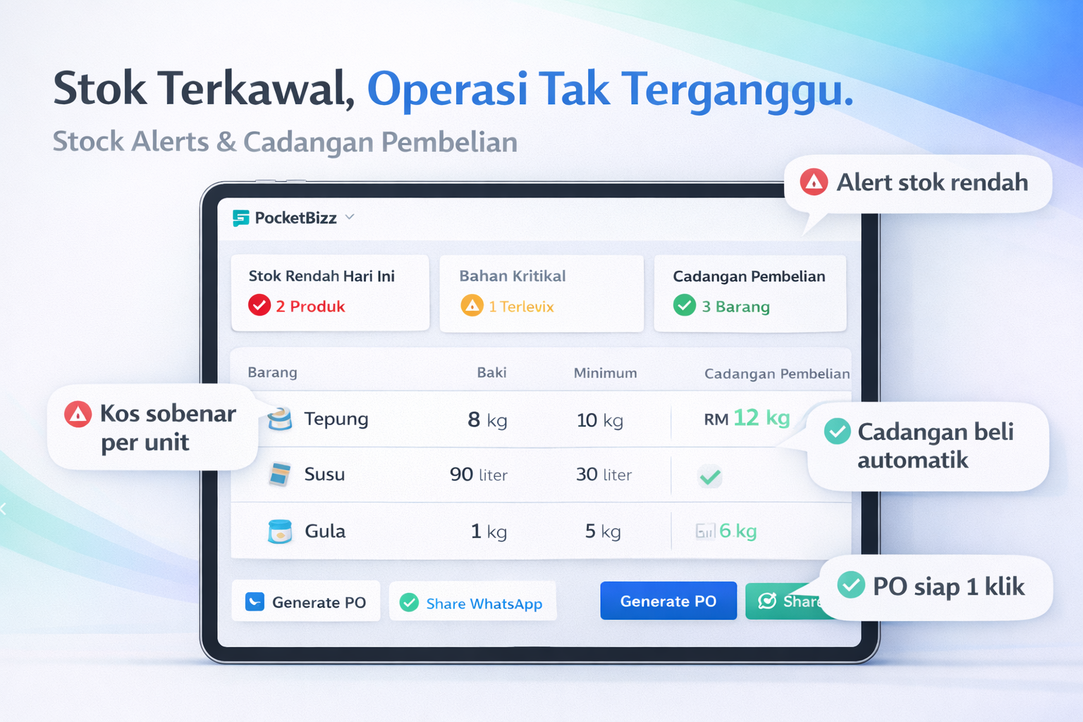 PocketBizz Stock Management - Alert automatik apabila stok rendah, cadangan bahan mentah yang perlu dibeli, dan senarai pembelian dijana secara automatik. Stock management yang terancang dan terkawal.